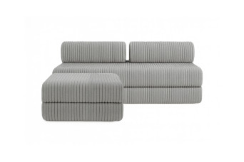 Canapé d'angle 4 places - 2 modules convertibles : Canapé 3 places + Pouf - Velours côtelé XL Gris clair