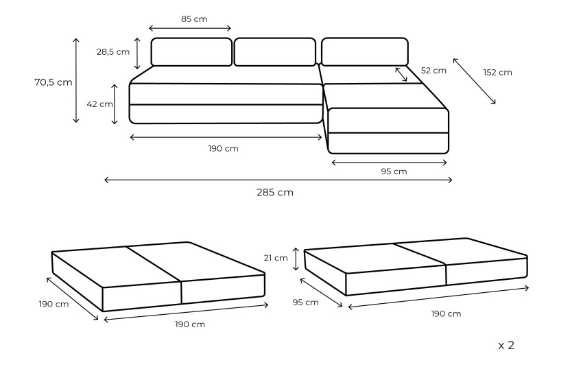 Canapé d'angle 6 places - 3 modules convertibles : Canapé 3 places + Fauteuil + Pouf - Tissu lisse Bleu
