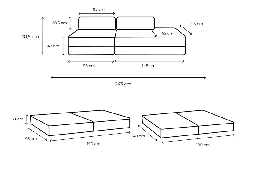 Canapé 3 places - 2 modules convertibles : Canapé 2 places + Fauteuil - Tissu lisse Bleu