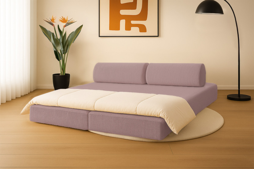 Canapé 3 places convertible et modulable - Velours côtelé Rose pâle