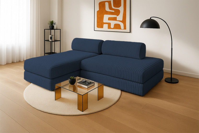 Canapé d'angle 5 places - 2 modules convertibles : Canapé 2 places + Méridienne - Velours côtelé XL Bleu
