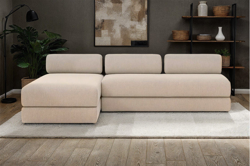 Canapé d'angle 6 places - 2 modules convertibles : Canapé 3 places + Méridienne - Tissu lisse Beige