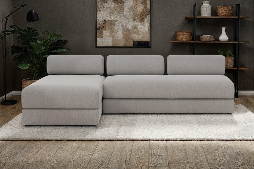 Canapé d'angle 6 places - 2 modules convertibles : Canapé 3 places + Méridienne - Tissu lisse Gris clair