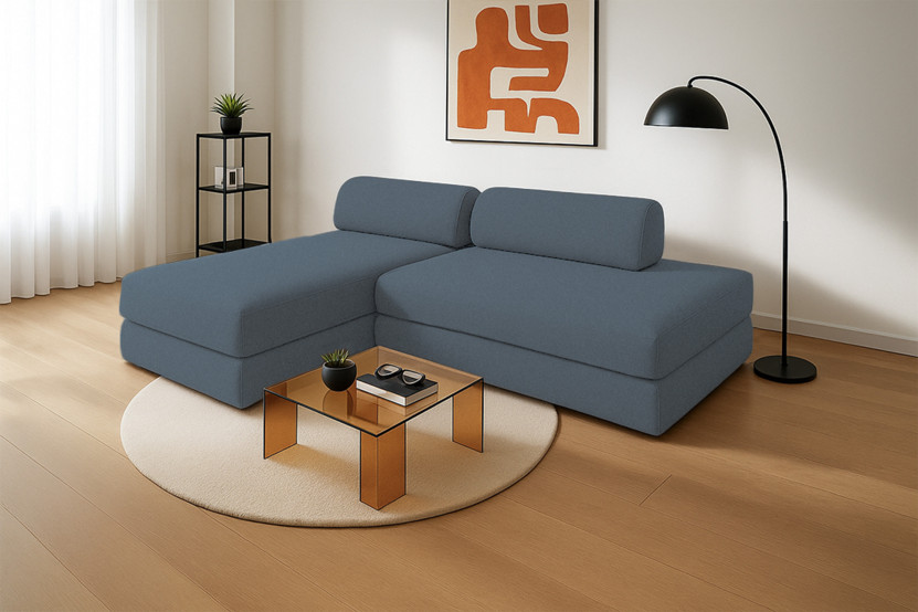 Canapé d'angle 5 places - 2 modules convertibles : Canapé 2 places + Méridienne - Tissu lisse Bleu