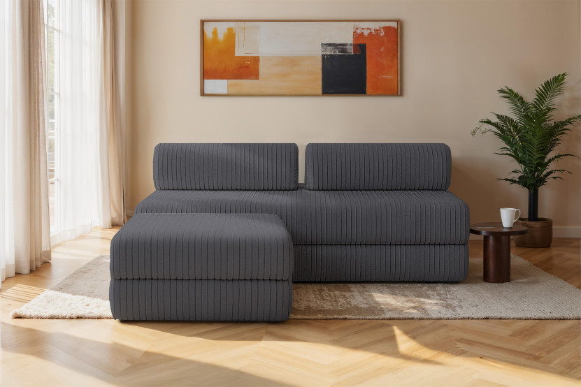 Canapé d'angle 4 places - 2 modules convertibles : Canapé 3 places + Pouf - Velours côtelé XL Gris