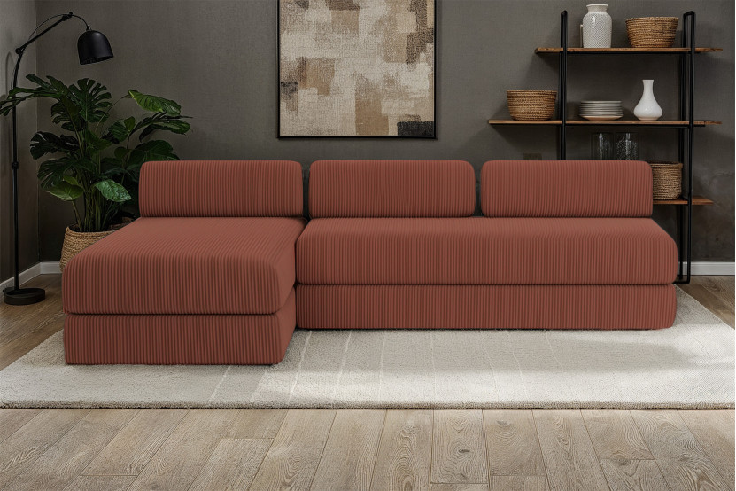 Canapé d'angle 6 places - 2 modules convertibles : Canapé 3 places + Méridienne - Velours côtelé Terracotta