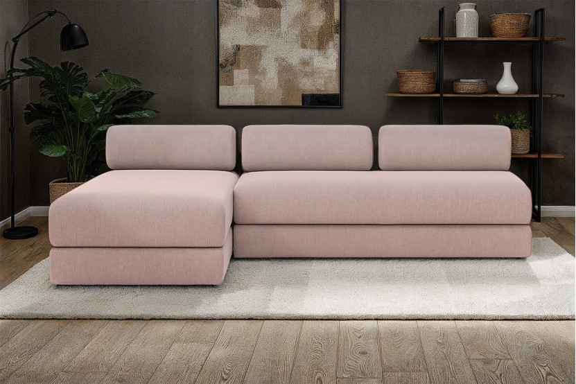 Canapé d'angle 6 places - 2 modules convertibles : Canapé 3 places + Méridienne - Tissu lisse Rose