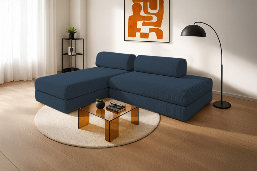 Canapé d'angle 5 places - 2 modules convertibles : Canapé 2 places + Méridienne - Velours côtelé Bleu