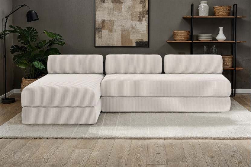 Canapé d'angle 6 places - 2 modules convertibles : Canapé 3 places + Méridienne - Velours côtelé Blanc