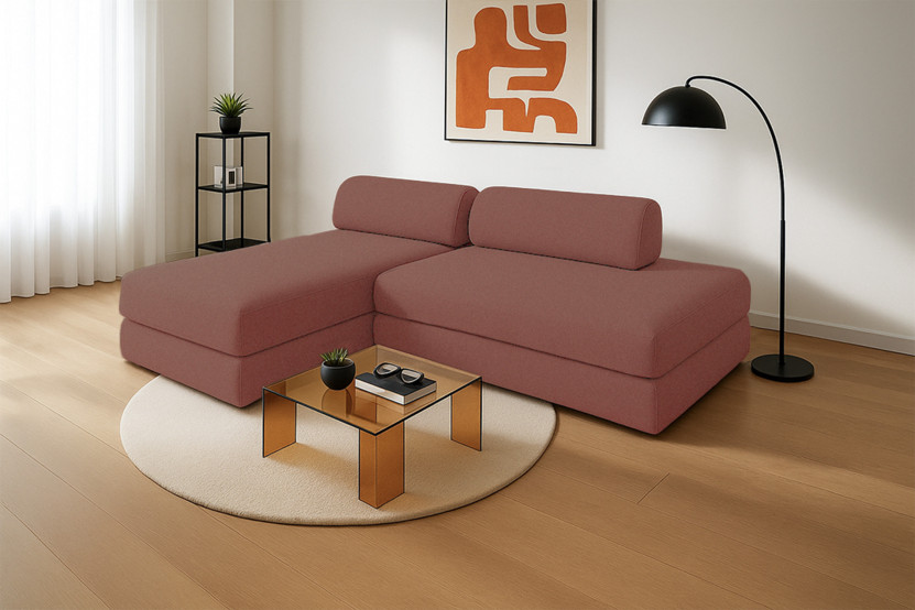 Canapé d'angle 5 places - 2 modules convertibles : Canapé 2 places + Méridienne - Tissu lisse Terracotta