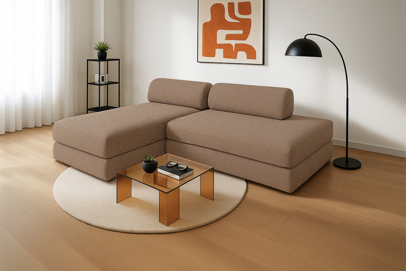 Canapé d'angle 5 places - 2 modules convertibles : Canapé 2 places + Méridienne - Tissu lisse Marron