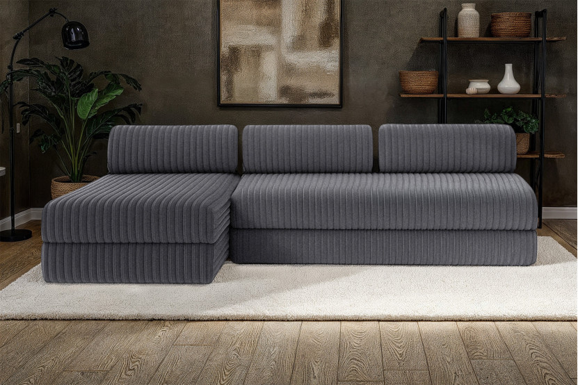 Canapé d'angle 6 places - 2 modules convertibles : Canapé 3 places + Méridienne - Velours côtelé XL Gris
