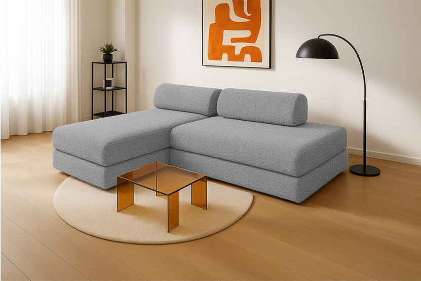 Canapé d'angle 5 places - 2 modules convertibles : Canapé 2 places + Méridienne - Tissu tweed Gris