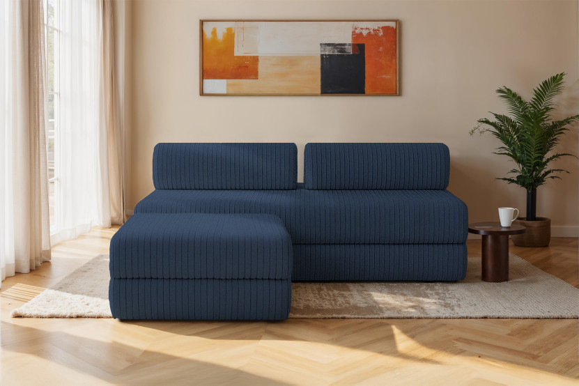 Canapé d'angle 4 places - 2 modules convertibles : Canapé 3 places + Pouf - Velours côtelé XL Bleu