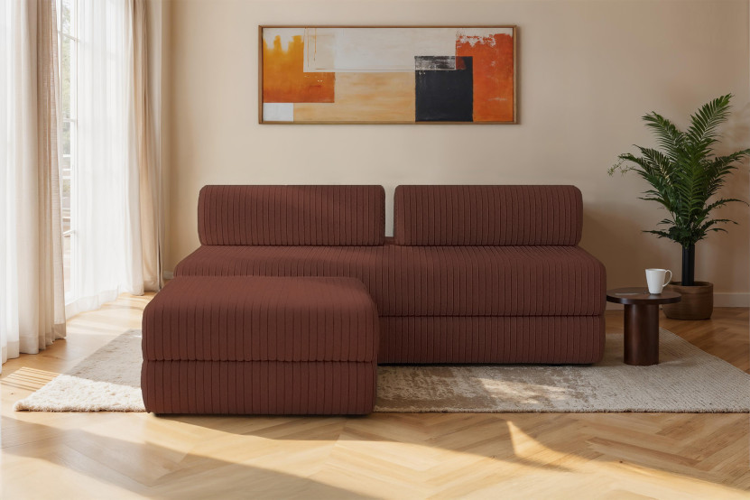 Canapé d'angle 4 places - 2 modules convertibles : Canapé 3 places + Pouf - Velours côtelé XL Terracotta