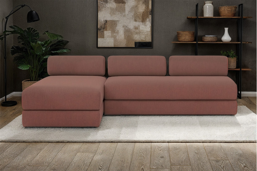 Canapé d'angle 6 places - 2 modules convertibles : Canapé 3 places + Méridienne - Tissu lisse Terracotta