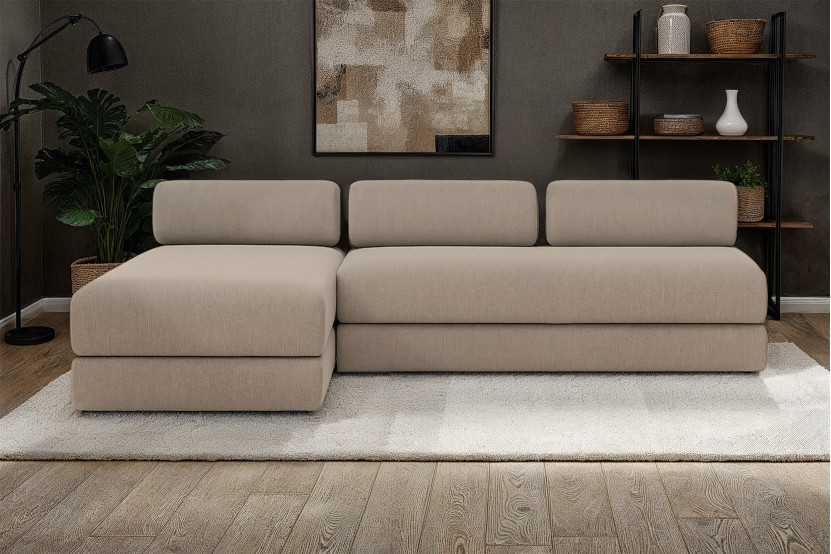 Canapé d'angle 6 places - 2 modules convertibles : Canapé 3 places + Méridienne - Tissu lisse Taupe