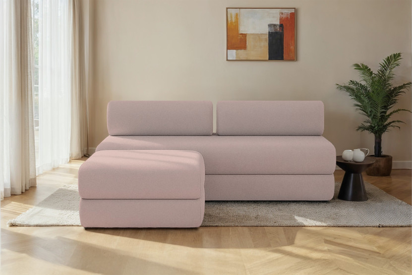 Canapé d'angle 4 places - 2 modules convertibles : Canapé 3 places + Pouf - Tissu lisse Rose