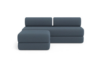 Canapé d'angle 4 places - 2 modules convertibles : Canapé 3 places + Pouf - Tissu lisse Bleu