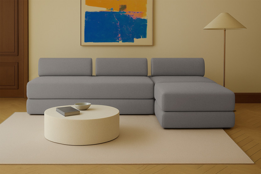 Canapé d'angle 6 places - 3 modules convertibles : Canapé 3 places + Fauteuil + Pouf - Tissu lisse Gris