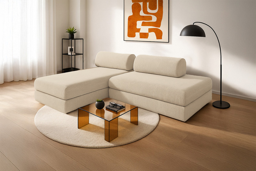 Canapé d'angle 5 places - 2 modules convertibles : Canapé 2 places + Méridienne - Velours côtelé Beige