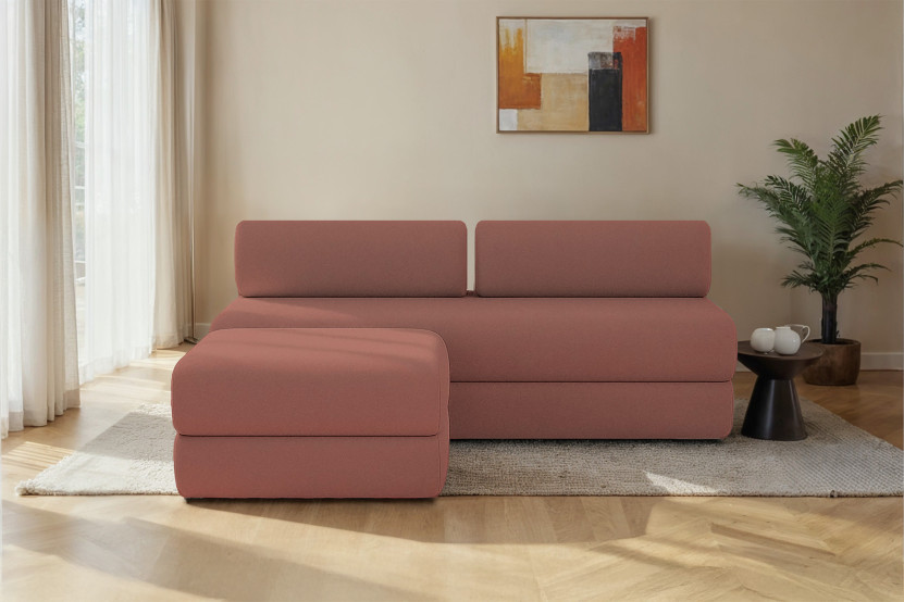 Canapé d'angle 4 places - 2 modules convertibles : Canapé 3 places + Pouf - Tissu lisse Terracotta