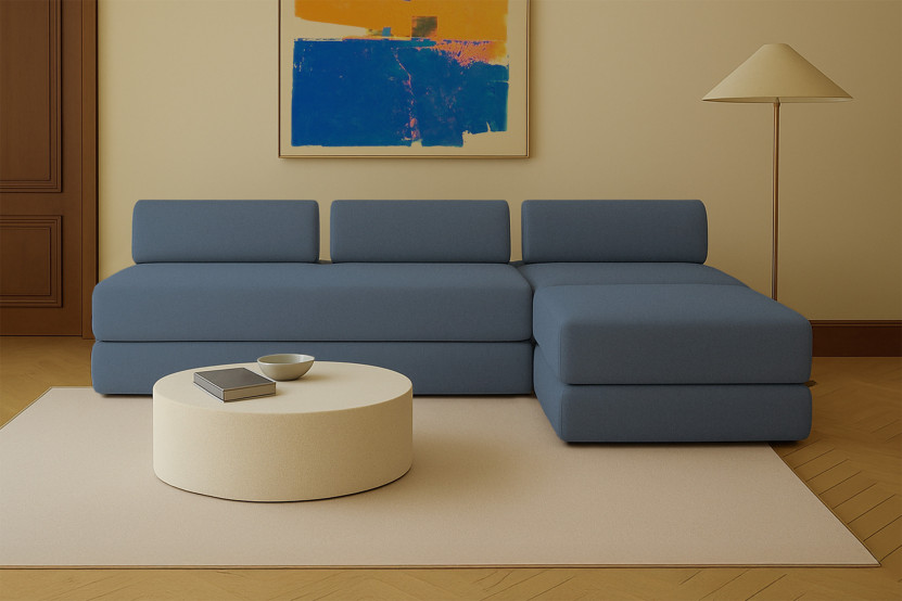 Canapé d'angle 6 places - 3 modules convertibles : Canapé 3 places + Fauteuil + Pouf - Tissu lisse Bleu