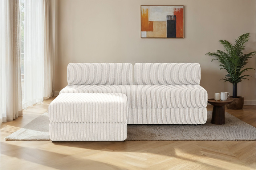 Canapé d'angle 4 places - 2 modules convertibles : Canapé 3 places + Pouf - Velours côtelé Blanc