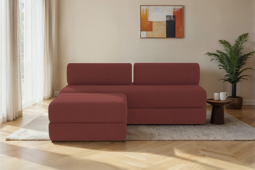 Canapé d'angle 4 places - 2 modules convertibles : Canapé 3 places + Pouf - Velours côtelé Rouge