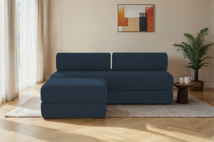 Canapé d'angle 4 places - 2 modules convertibles : Canapé 3 places + Pouf - Velours côtelé Bleu