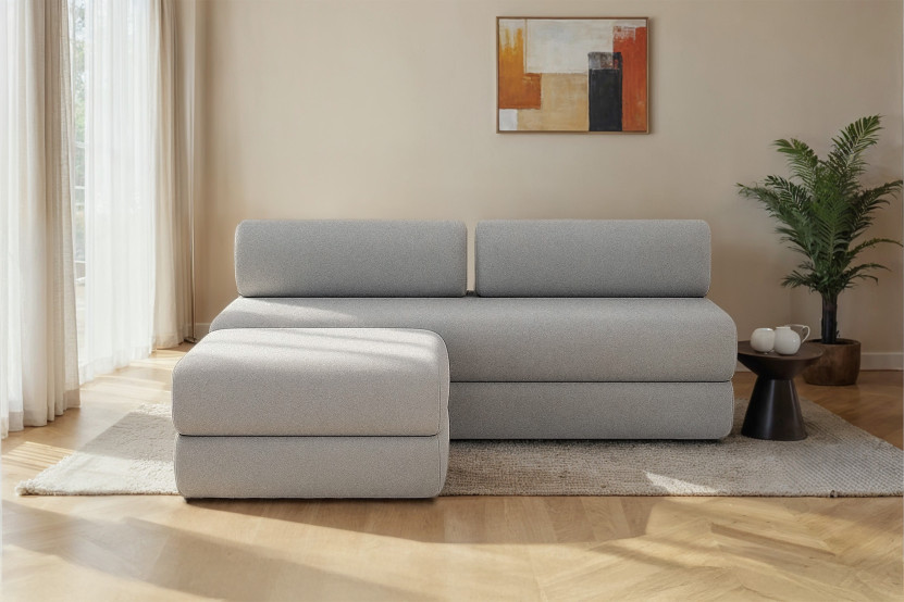 Canapé d'angle 4 places - 2 modules convertibles : Canapé 3 places + Pouf - Tissu lisse Gris clair