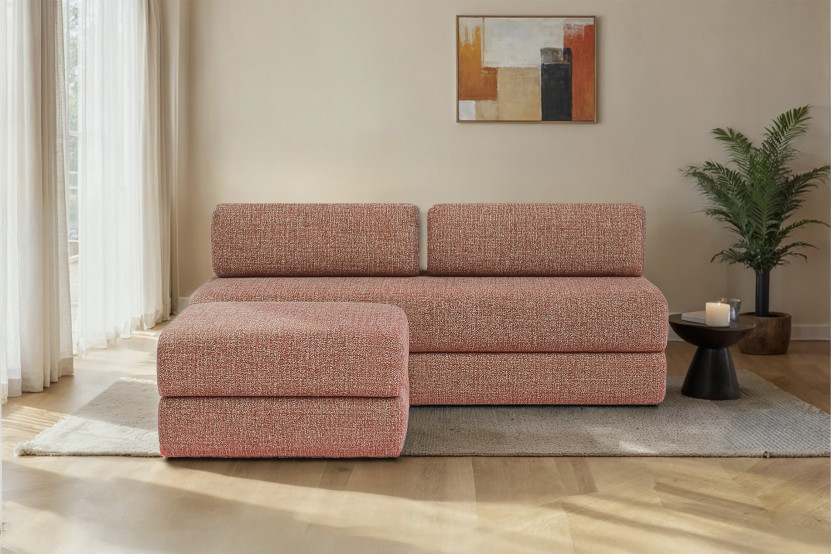 Canapé d'angle 4 places - 2 modules convertibles : Canapé 3 places + Pouf - Tissu tweed Rouge