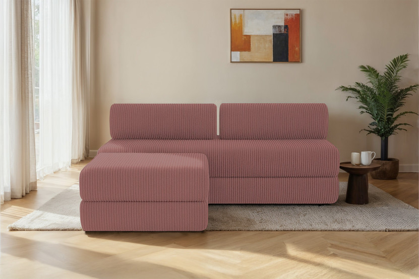 Canapé d'angle 4 places - 2 modules convertibles : Canapé 3 places + Pouf - Velours côtelé Rose