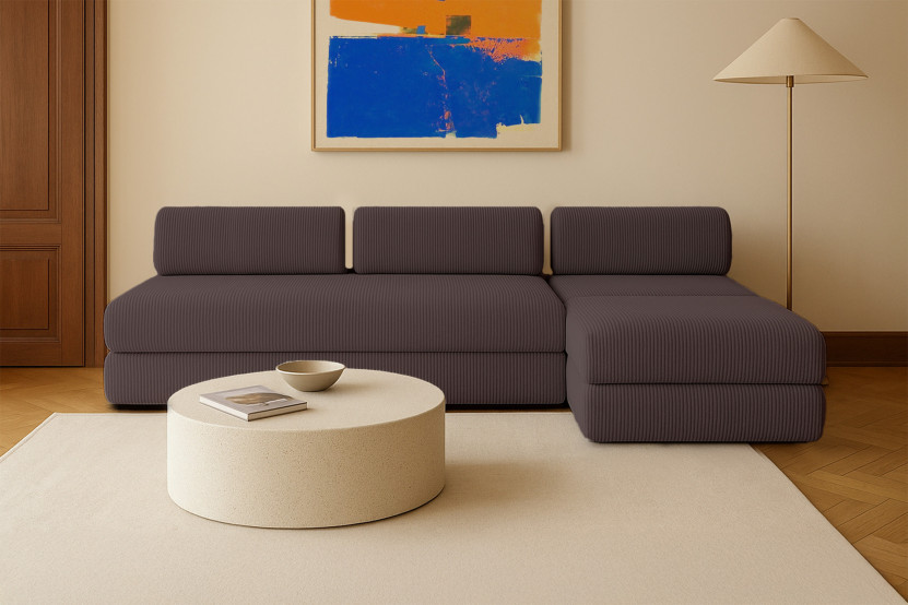 Canapé d'angle 6 places - 3 modules convertibles : Canapé 3 places + Fauteuil + Pouf - Velours côtelé Marron