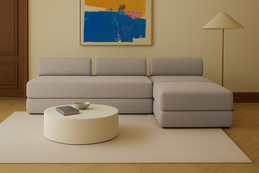 Canapé d'angle 6 places - 3 modules convertibles : Canapé 3 places + Fauteuil + Pouf - Tissu lisse Taupe