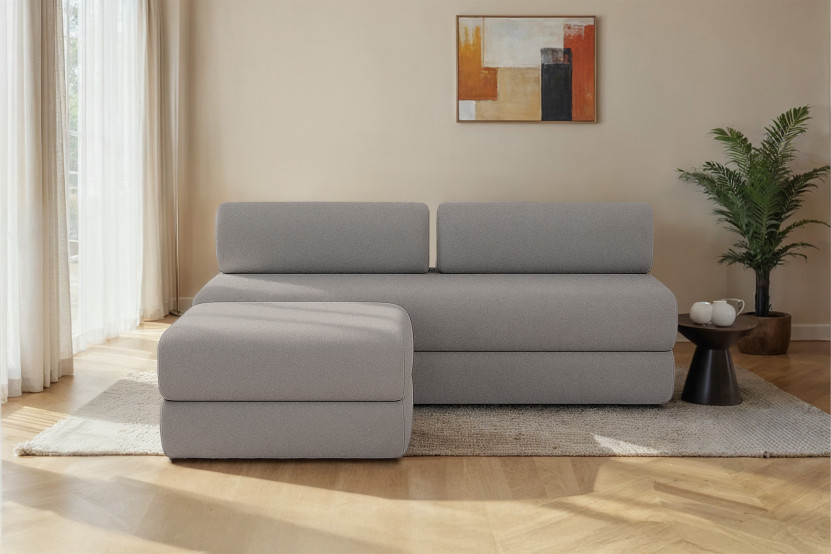 Canapé d'angle 4 places - 2 modules convertibles : Canapé 3 places + Pouf - Tissu lisse Gris