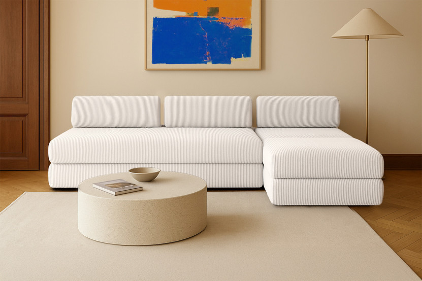 Canapé d'angle 6 places - 3 modules convertibles : Canapé 3 places + Fauteuil + Pouf - Velours côtelé Blanc