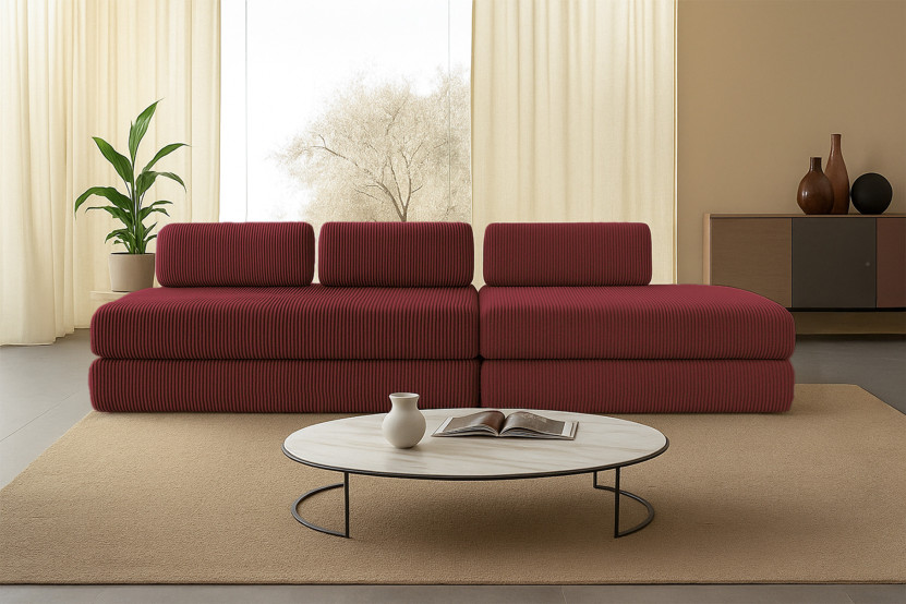 Canapé 5 places - 2 modules convertibles : Canapé 3 places + Canapé 2 places - Velours côtelé Rouge