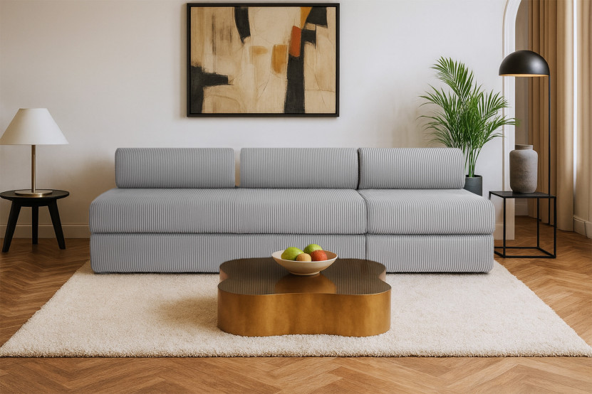 Canapé 4 places - 2 modules convertibles : Canapé 3 places + Fauteuil - Velours côtelé Gris clair