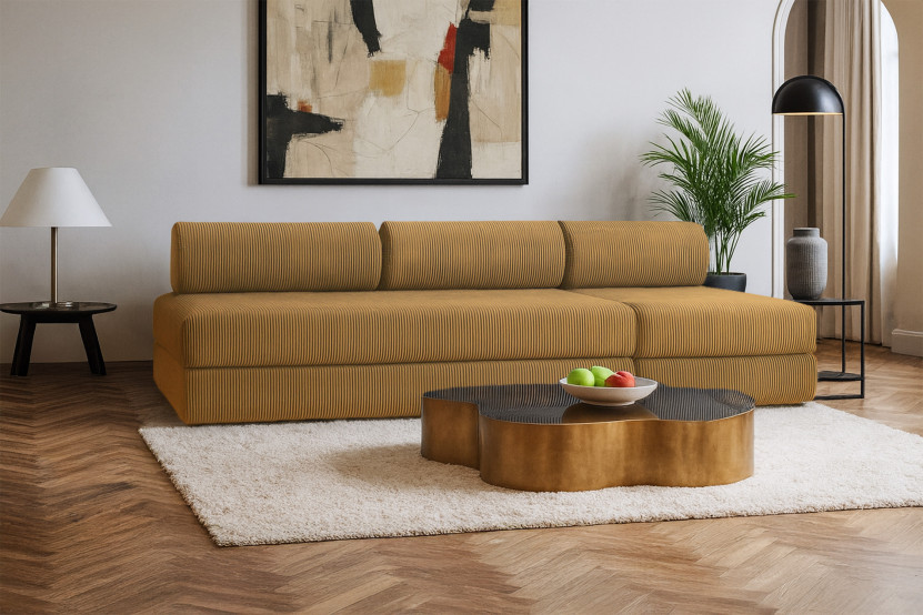 Canapé 4 places - 2 modules convertibles : Canapé 3 places + Fauteuil - Velours côtelé Jaune