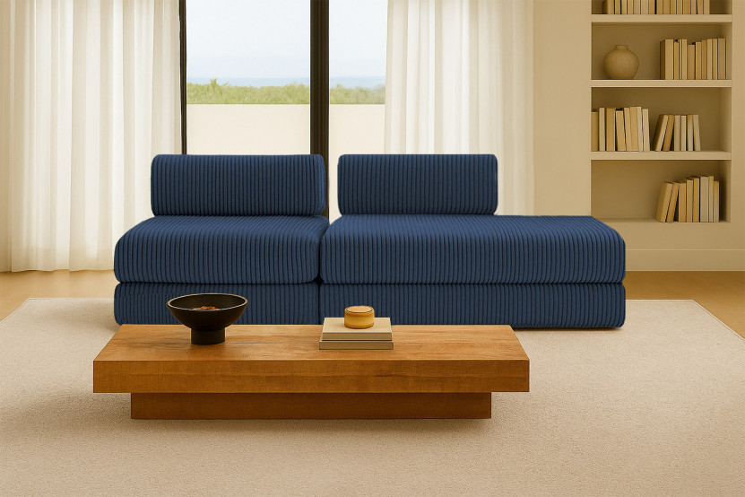 Canapé 3 places - 2 modules convertibles : Canapé 2 places + Fauteuil - Velours côtelé XL Bleu