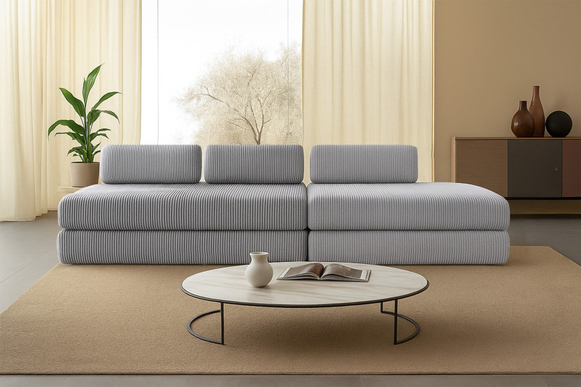 Canapé 5 places - 2 modules convertibles : Canapé 3 places + Canapé 2 places - Velours côtelé Gris clair