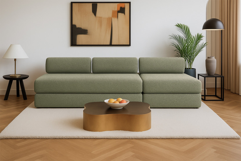 Canapé 4 places - 2 modules convertibles : Canapé 3 places + Fauteuil - Tissu tweed Vert