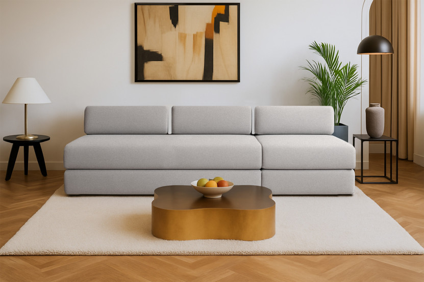 Canapé 4 places - 2 modules convertibles : Canapé 3 places + Fauteuil - Tissu lisse Gris clair