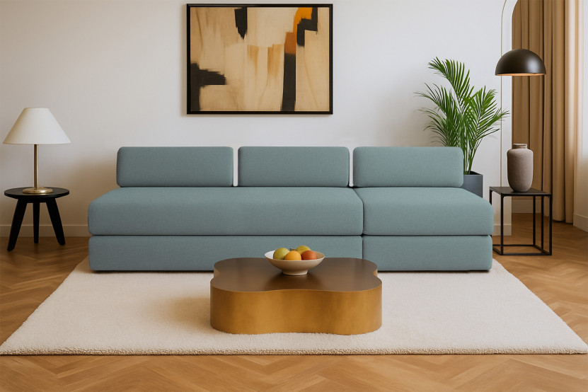 Canapé 4 places - 2 modules convertibles : Canapé 3 places + Fauteuil - Tissu lisse Vert