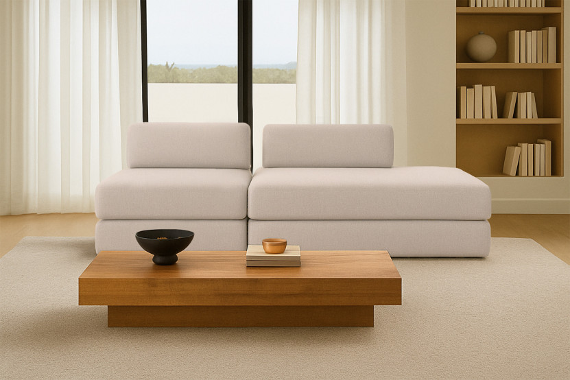 Canapé 3 places - 2 modules convertibles : Canapé 2 places + Fauteuil - Tissu lisse Beige