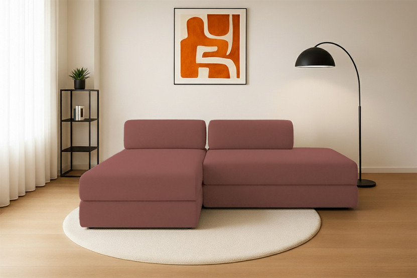 Canapé d'angle 5 places - 2 modules convertibles : Canapé 2 places + Méridienne - Tissu lisse Terracotta