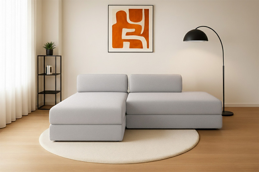 Canapé d'angle 5 places - 2 modules convertibles : Canapé 2 places + Méridienne - Tissu lisse Gris clair