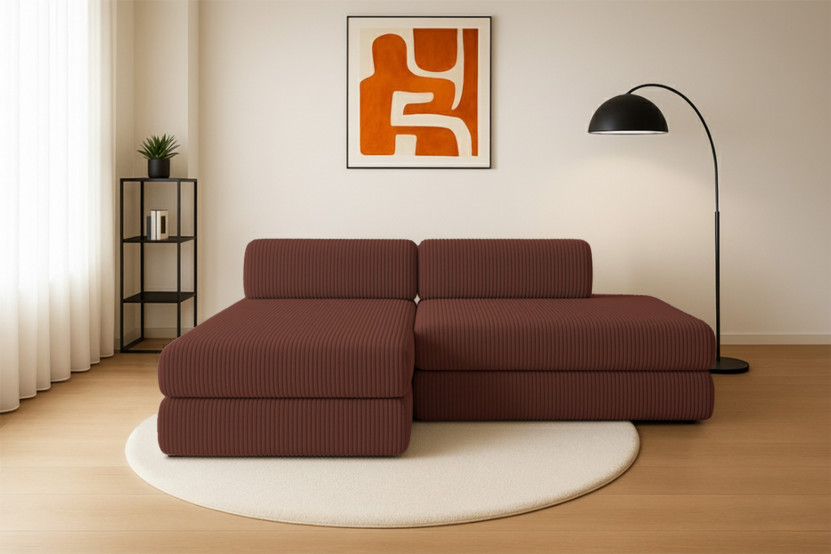 Canapé d'angle 5 places - 2 modules convertibles : Canapé 2 places + Méridienne - Velours côtelé XL Terracotta