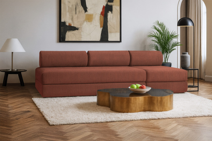 Canapé 4 places - 2 modules convertibles : Canapé 3 places + Fauteuil - Velours côtelé Terracotta